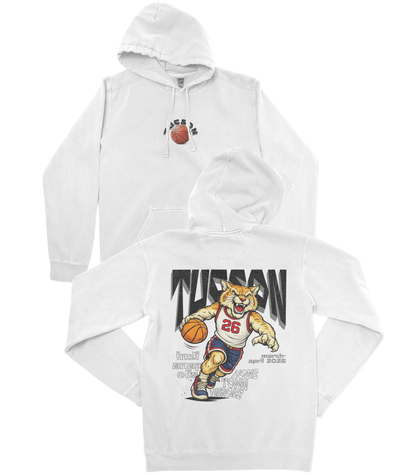 White hoodie with a graphic of a tiger and basketball player on a white background