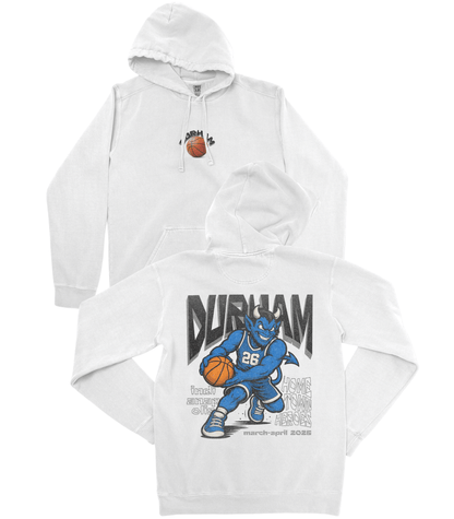 White hoodie with cartoon character and 'Durham' text on a white background