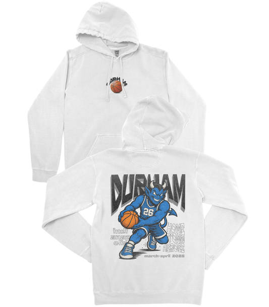 White hoodie with cartoon character and 'Durham' text on a white background