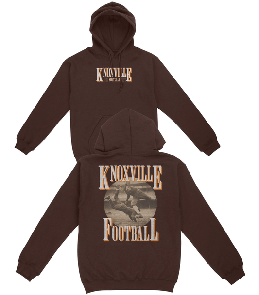 Brown hoodie with 'Knoxville Football' text and graphic on a white background