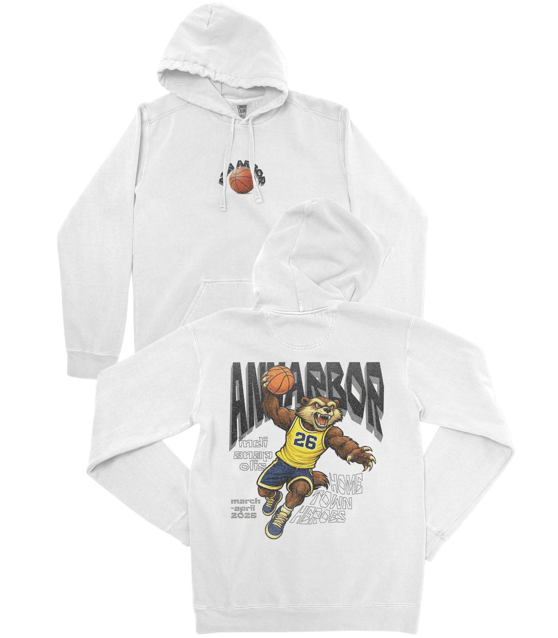 White hoodie with a bear holding a basketball and text on a white background