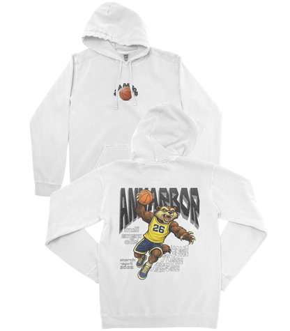 White hoodie with a bear holding a basketball and text on a white background