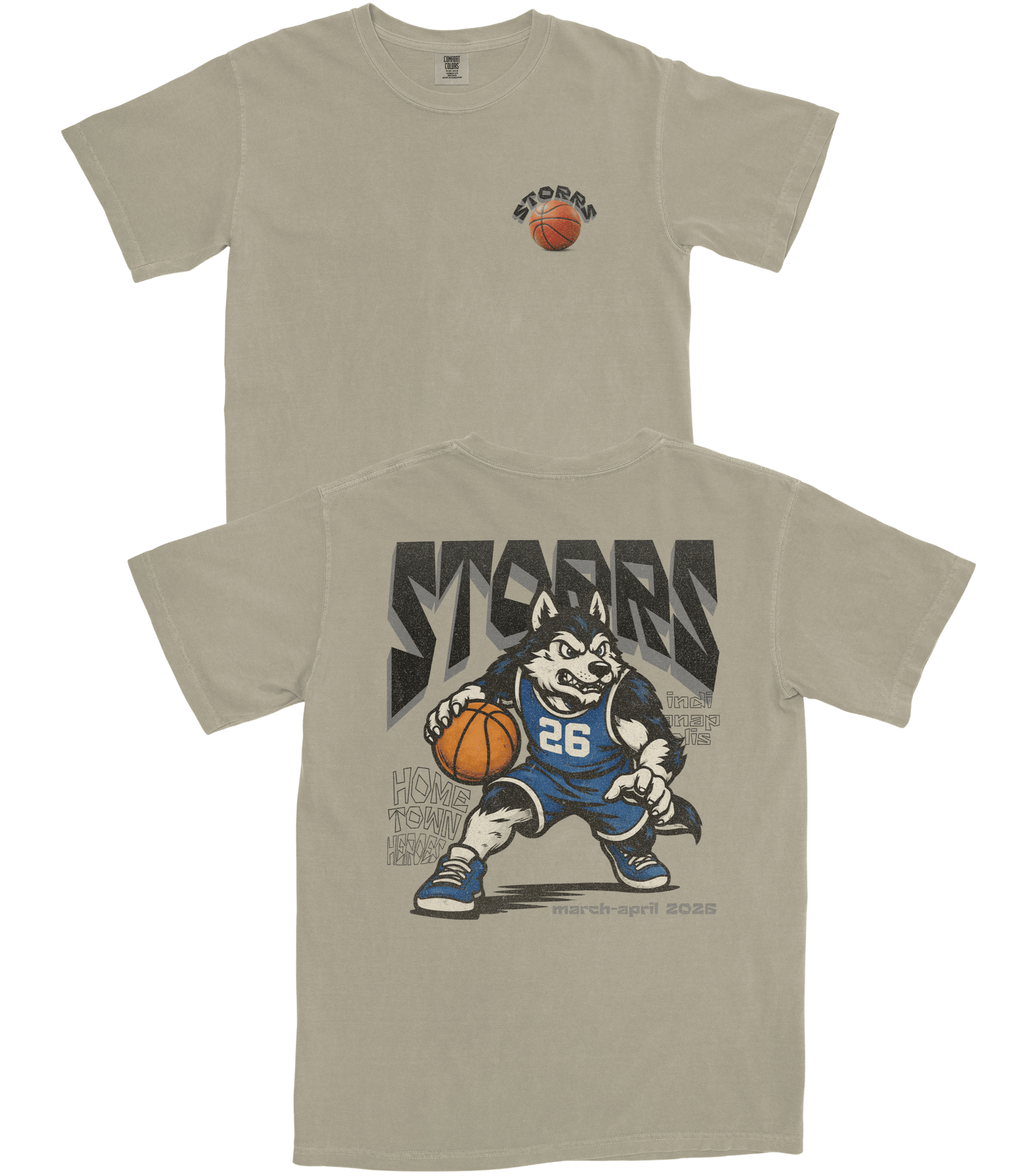 Beige t-shirt with a cartoon bear holding a basketball and 'Stooges' branding on a white background