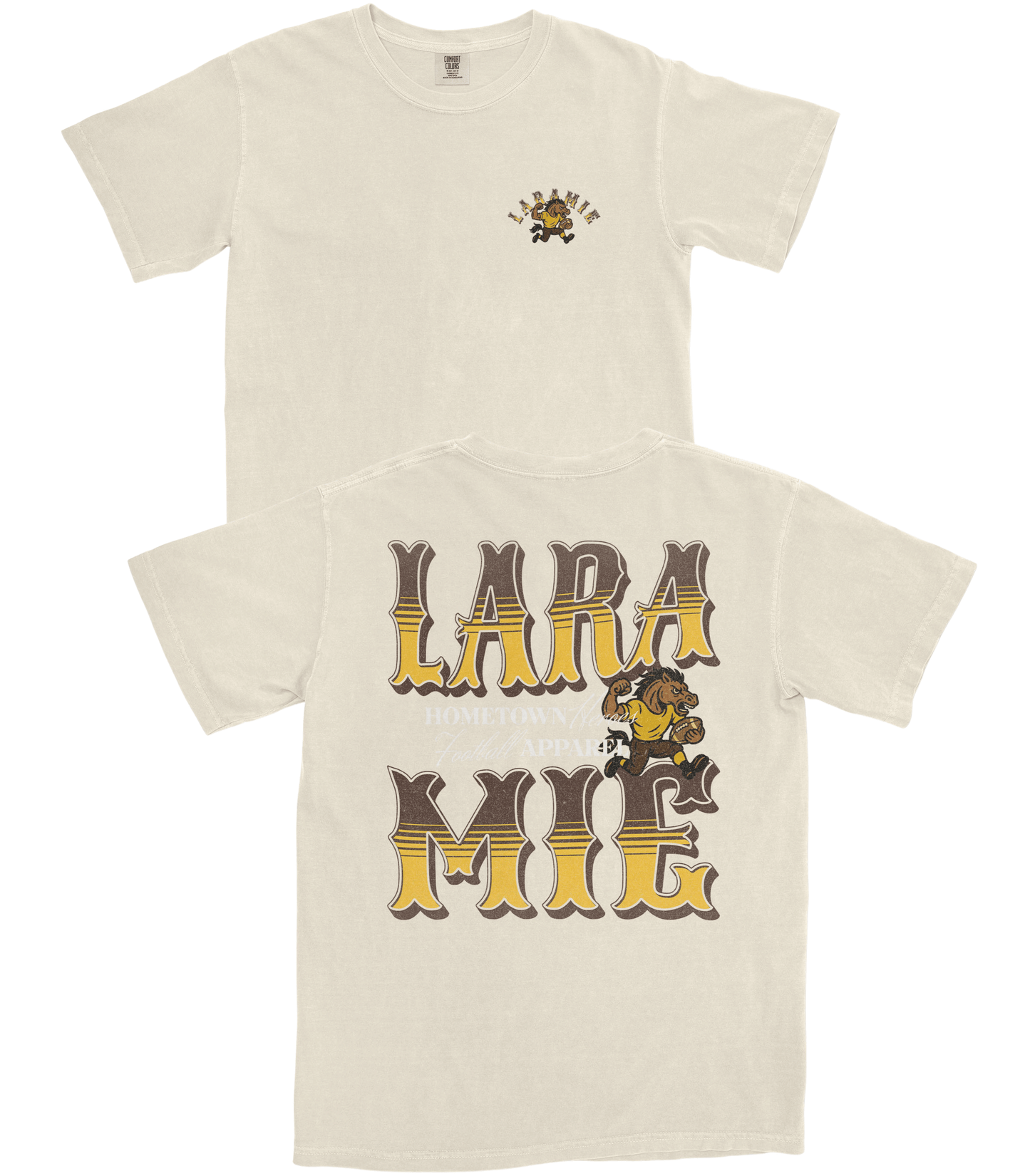 Beige t-shirt with 'LARA MIE' text and logo on a white background