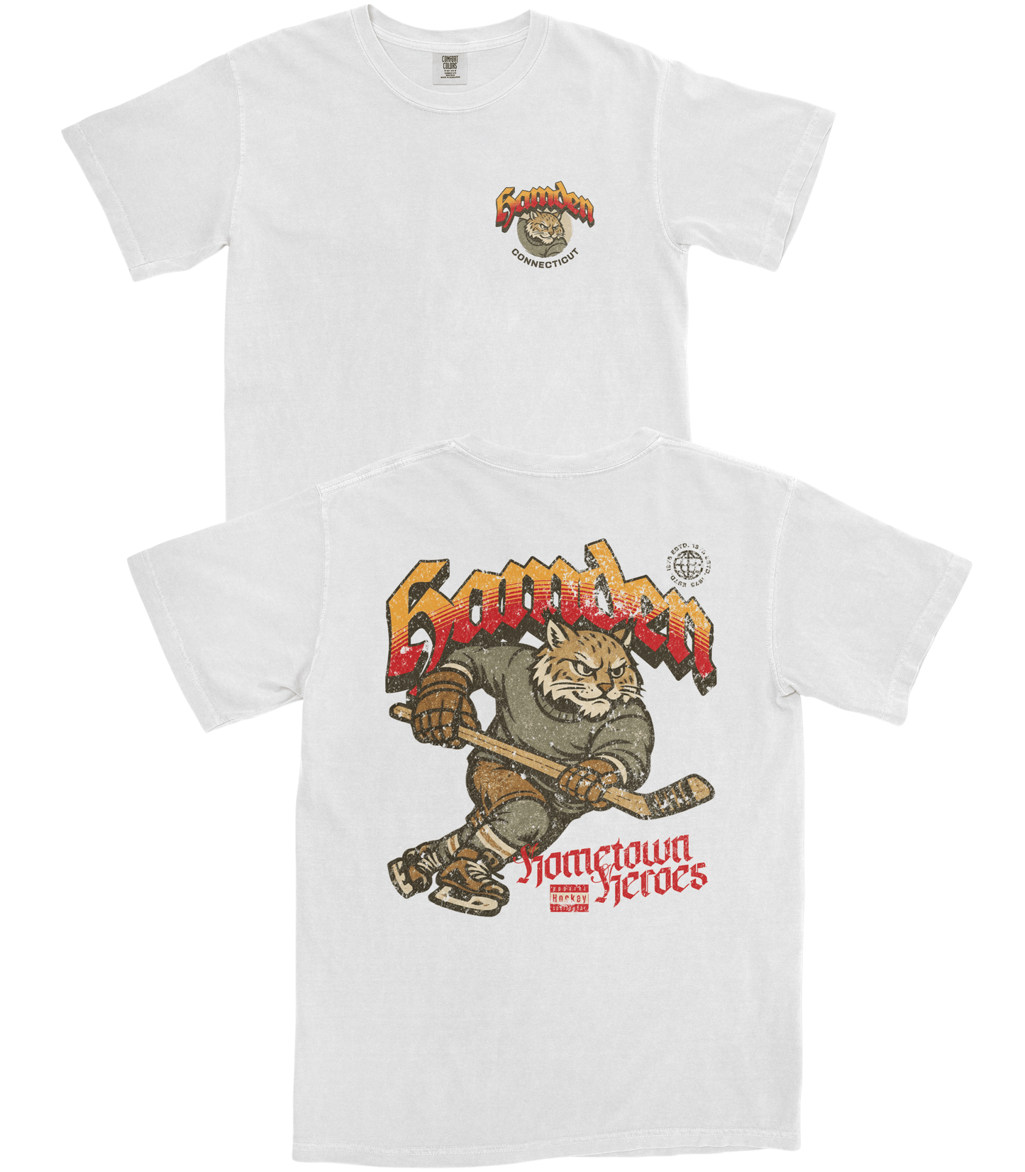 White t-shirt with graphic design of a bear holding a gun and text on a white background