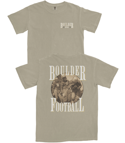 Beige t-shirt with 'Boulder Football' design on a white background