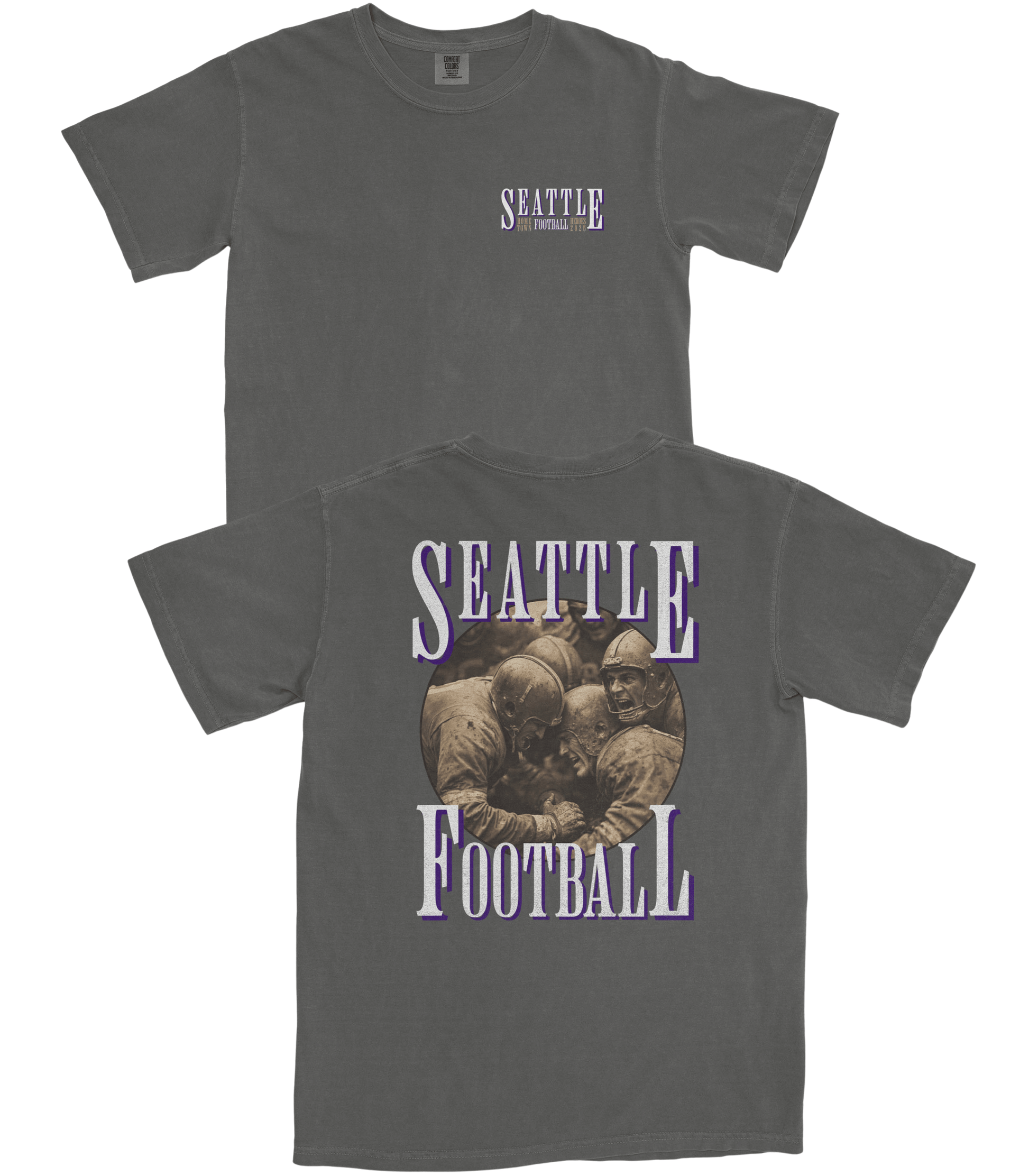 Gray t-shirt with 'Seattle Football' graphic and text on a white background