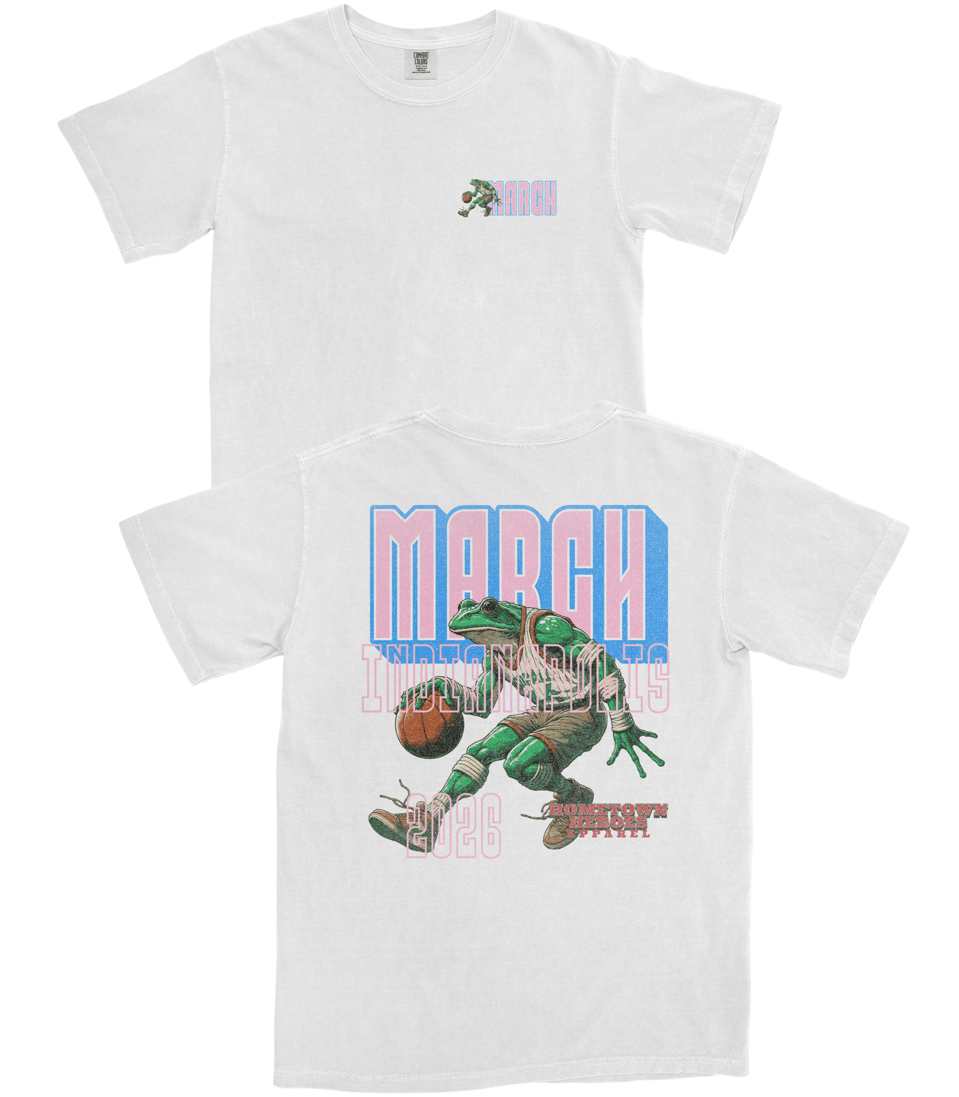 White t-shirt with a graphic of a frog playing basketball and text on a white background