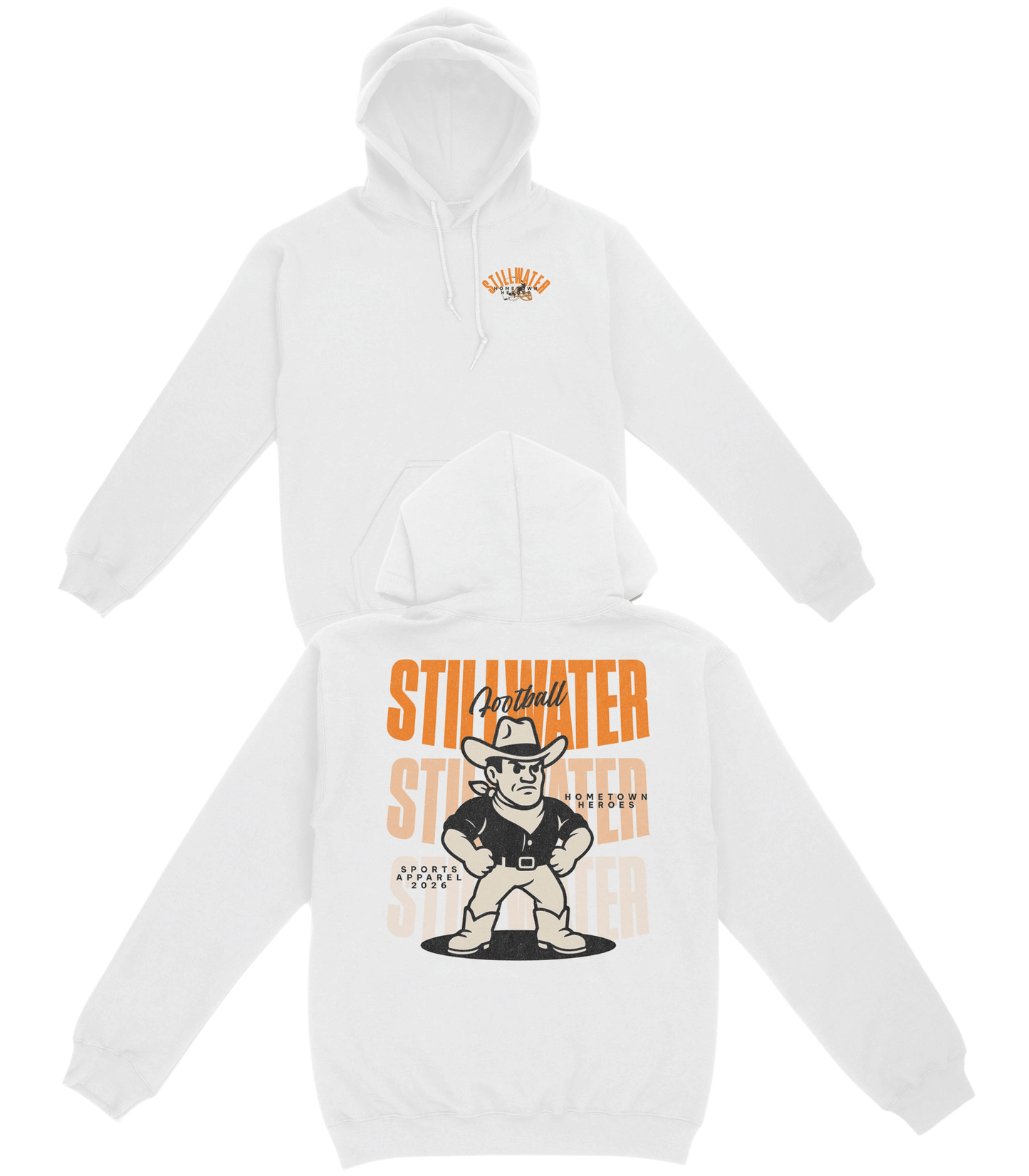 White hoodie with 'Stilwater' graphic design on a white background