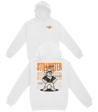 White hoodie with 'Stilwater' graphic design on a white background
