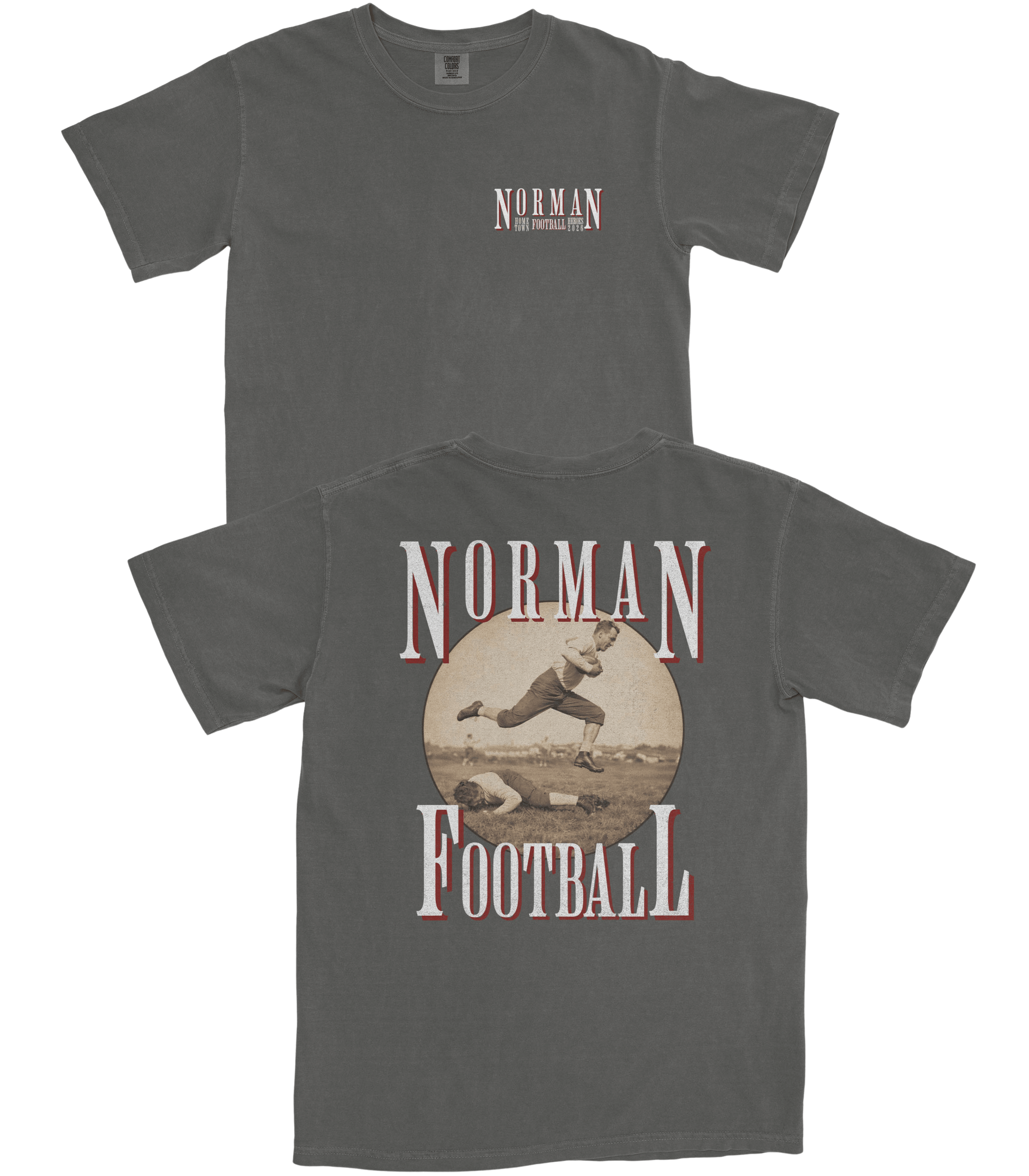 Gray t-shirt with 'Norman Football' graphic design on a white background