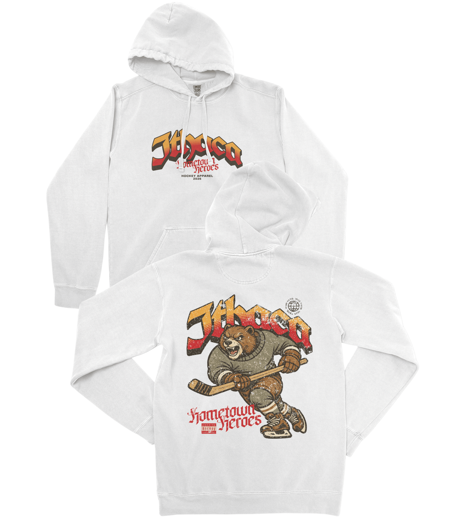 White hoodie with bear graphic and 'Hometown Heroes' text on a white background