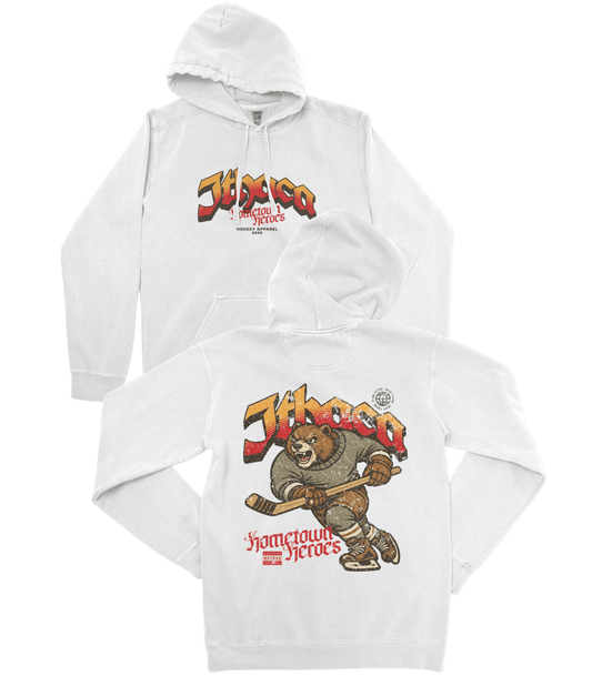White hoodie with bear graphic and 'Hometown Heroes' text on a white background