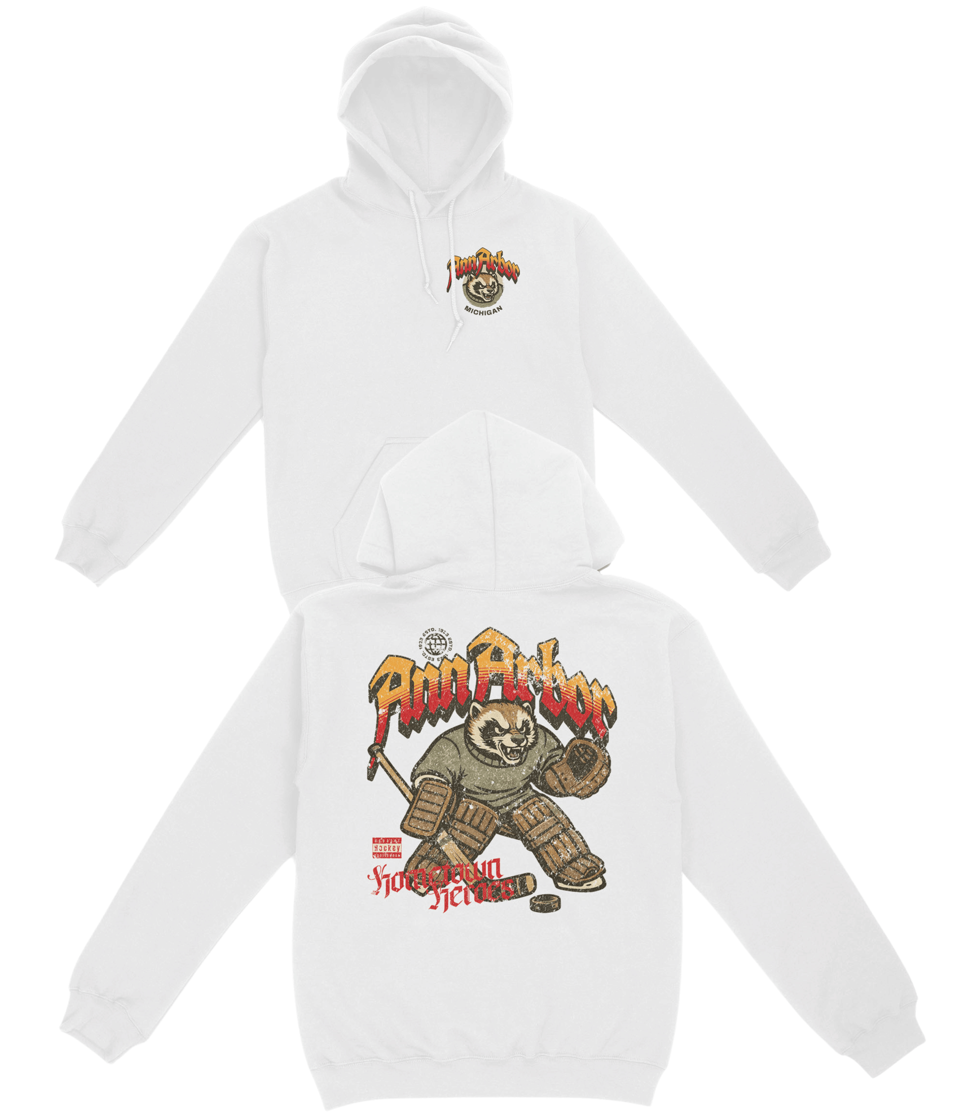 White hoodie with cartoon bear design and text on a white background