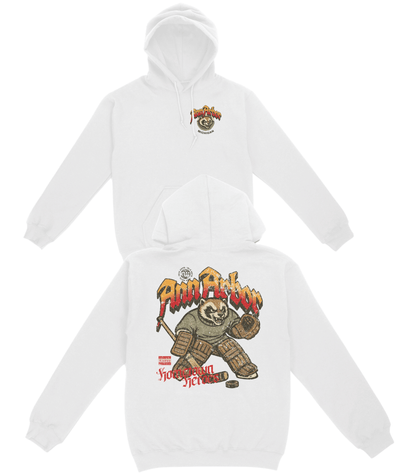White hoodie with cartoon bear design and text on a white background
