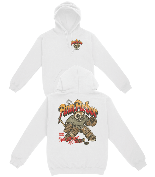 White hoodie with cartoon bear design and text on a white background