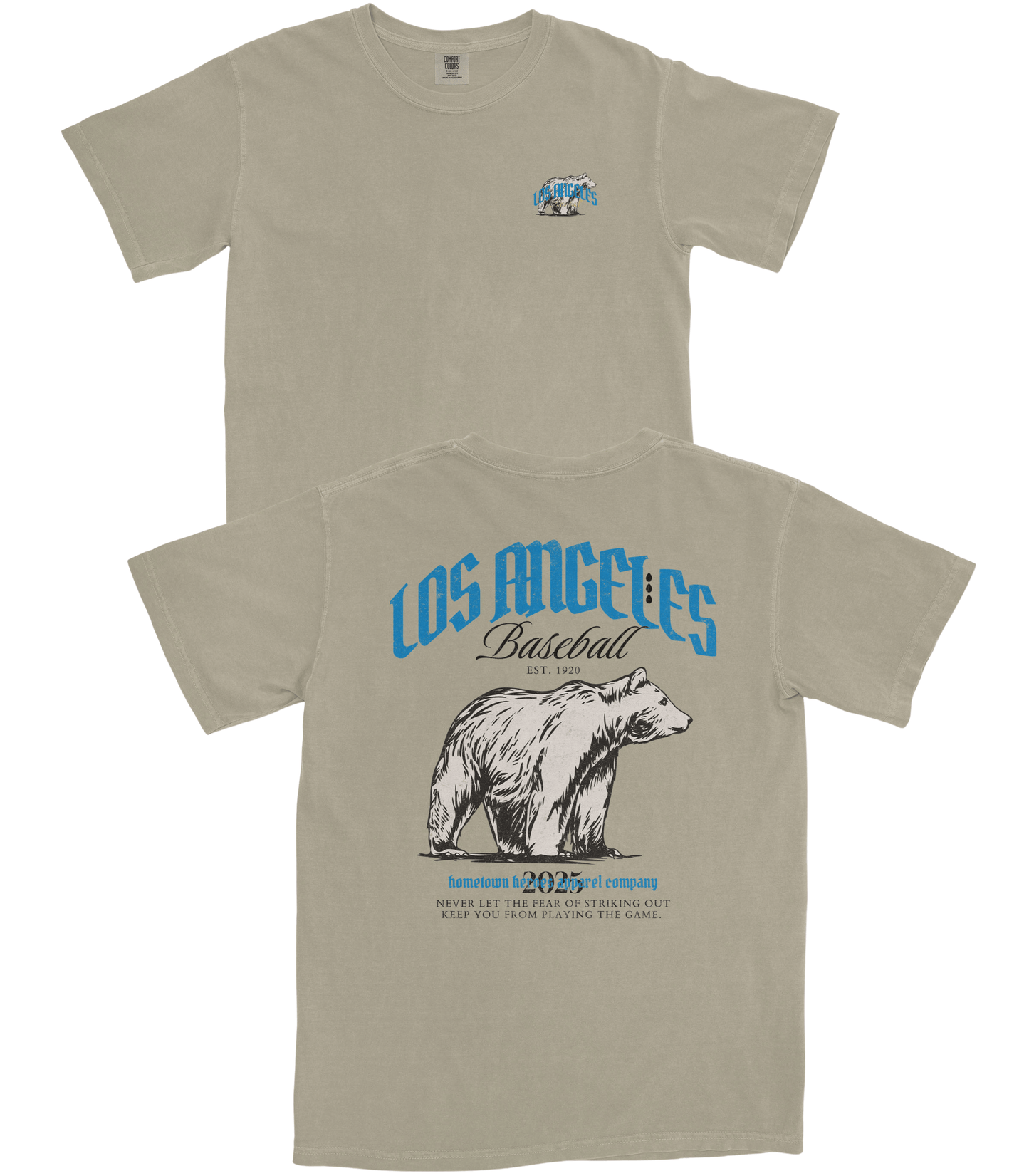 Beige t-shirt with bear graphic and 'Los Angeles Baseball' text on a white background