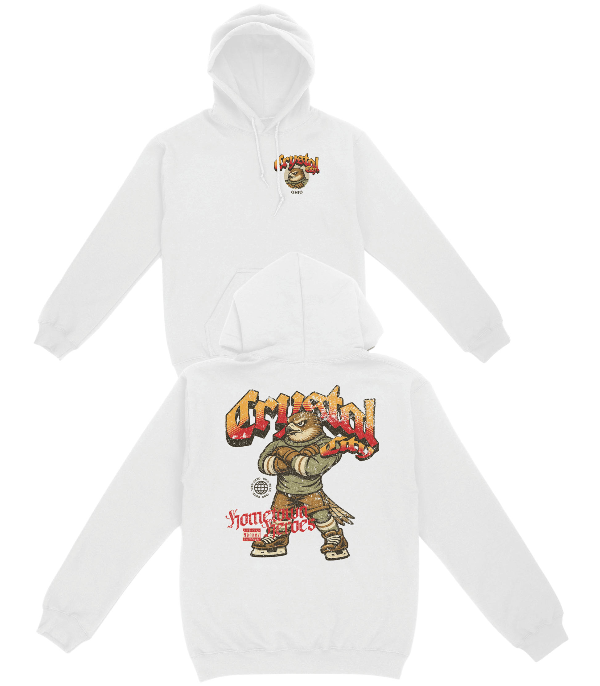 White hoodie with graphic designs on a white background