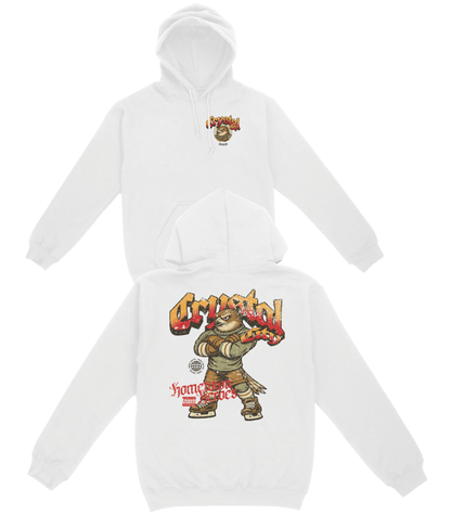 White hoodie with graphic designs on a white background