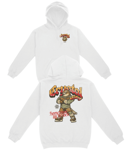 White hoodie with graphic designs on a white background