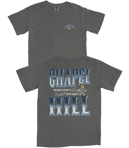 Gray t-shirt with 'Chapel Hill' graphic design on a white background
