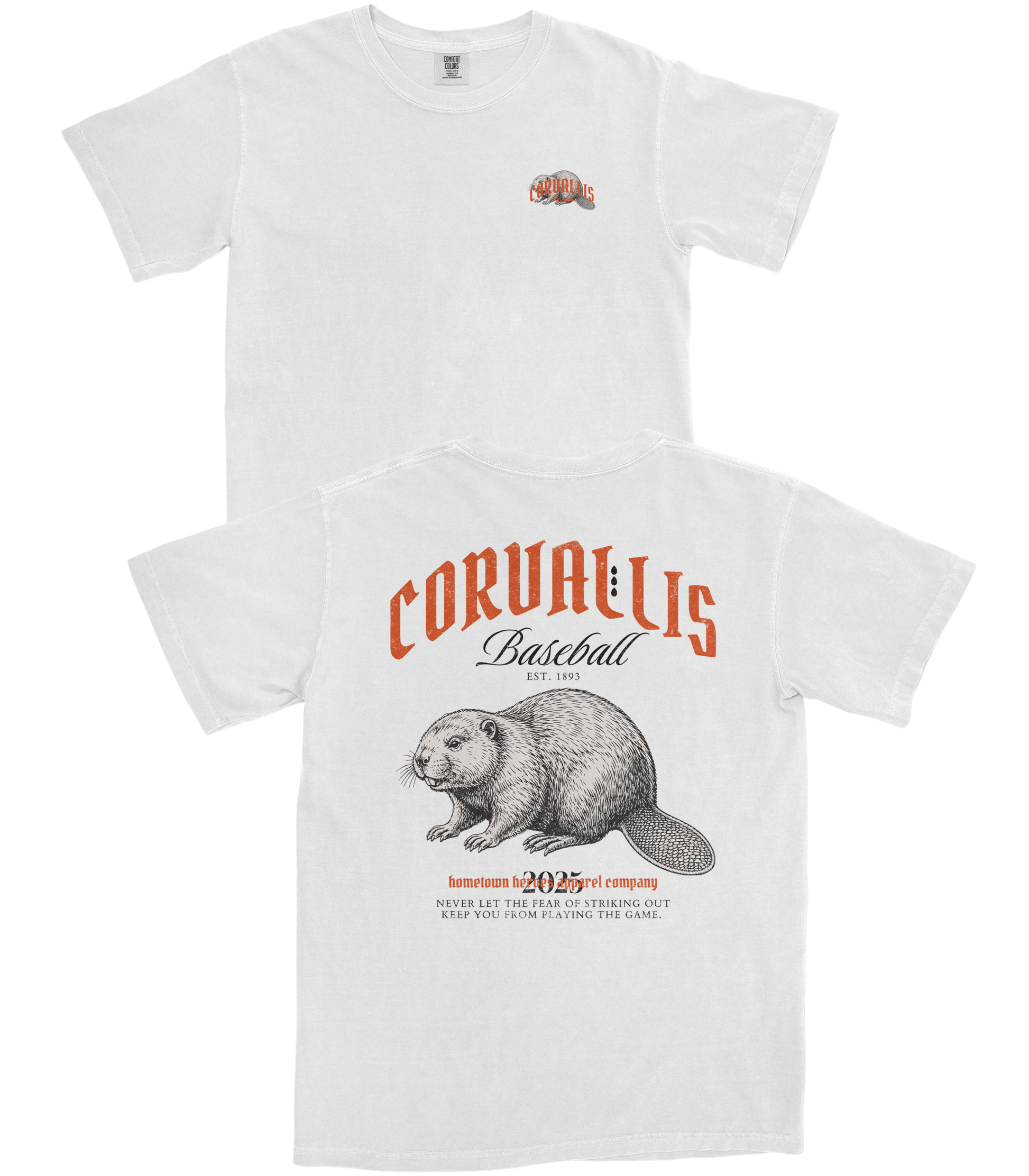 White t-shirt with beaver graphic and 'Corvallis Baseball' text on a white background