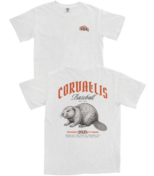 White t-shirt with beaver graphic and 'Corvallis Baseball' text on a white background