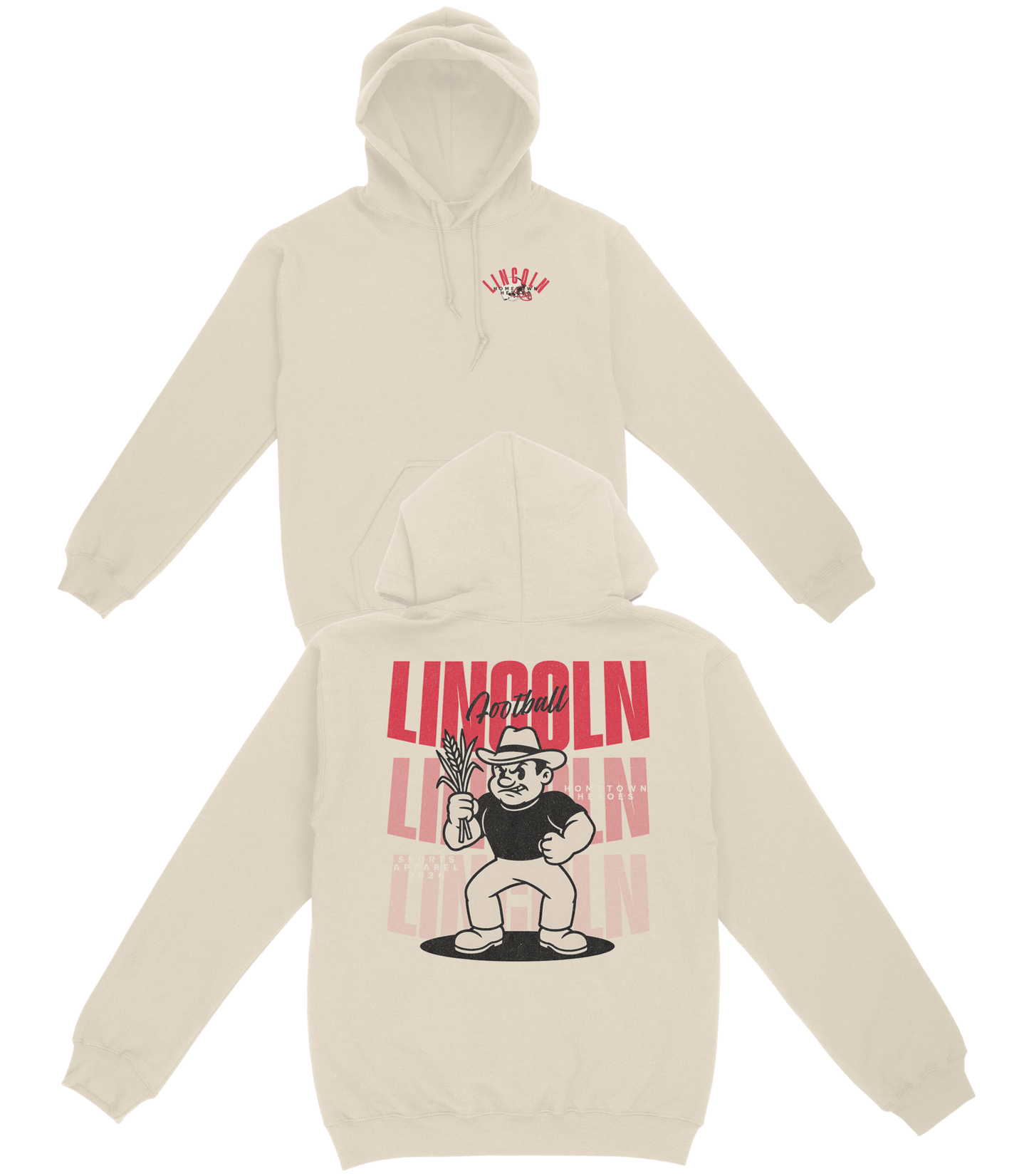 Beige hoodie with cartoon character and text on a white background
