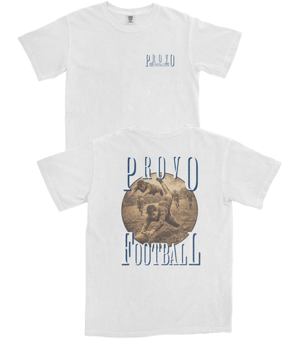 White t-shirt with 'Provo Football' design on a white background