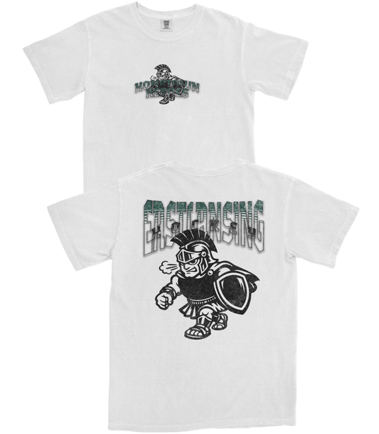 Two white t-shirts with graphic designs and text on a white background