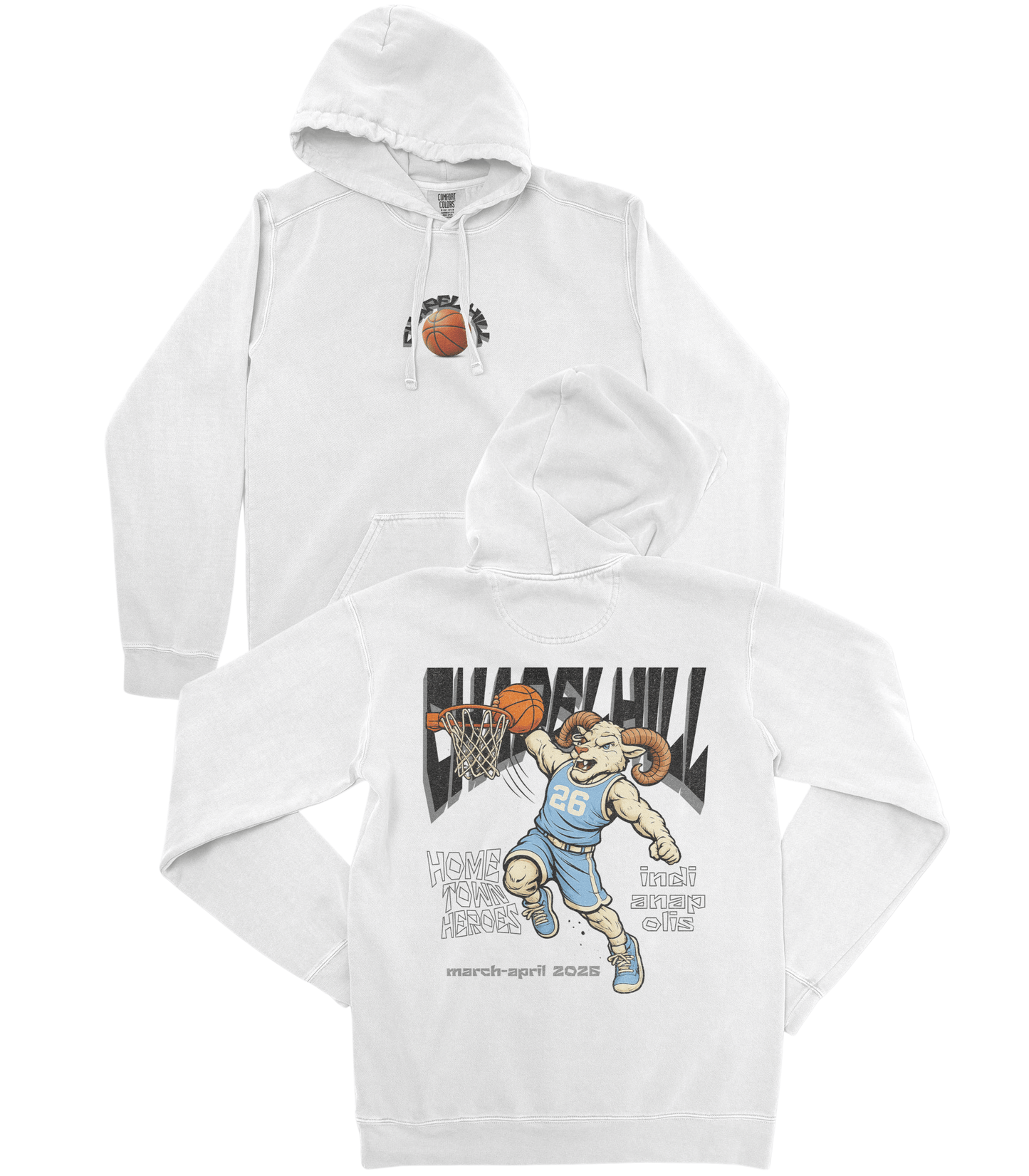 White hoodie with basketball-themed graphics on a white background