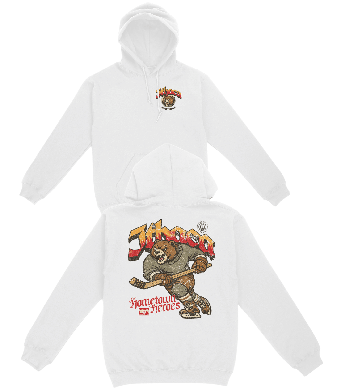 White hoodie with 'Jibao' and 'Hometown Heroes' graphics on a white background