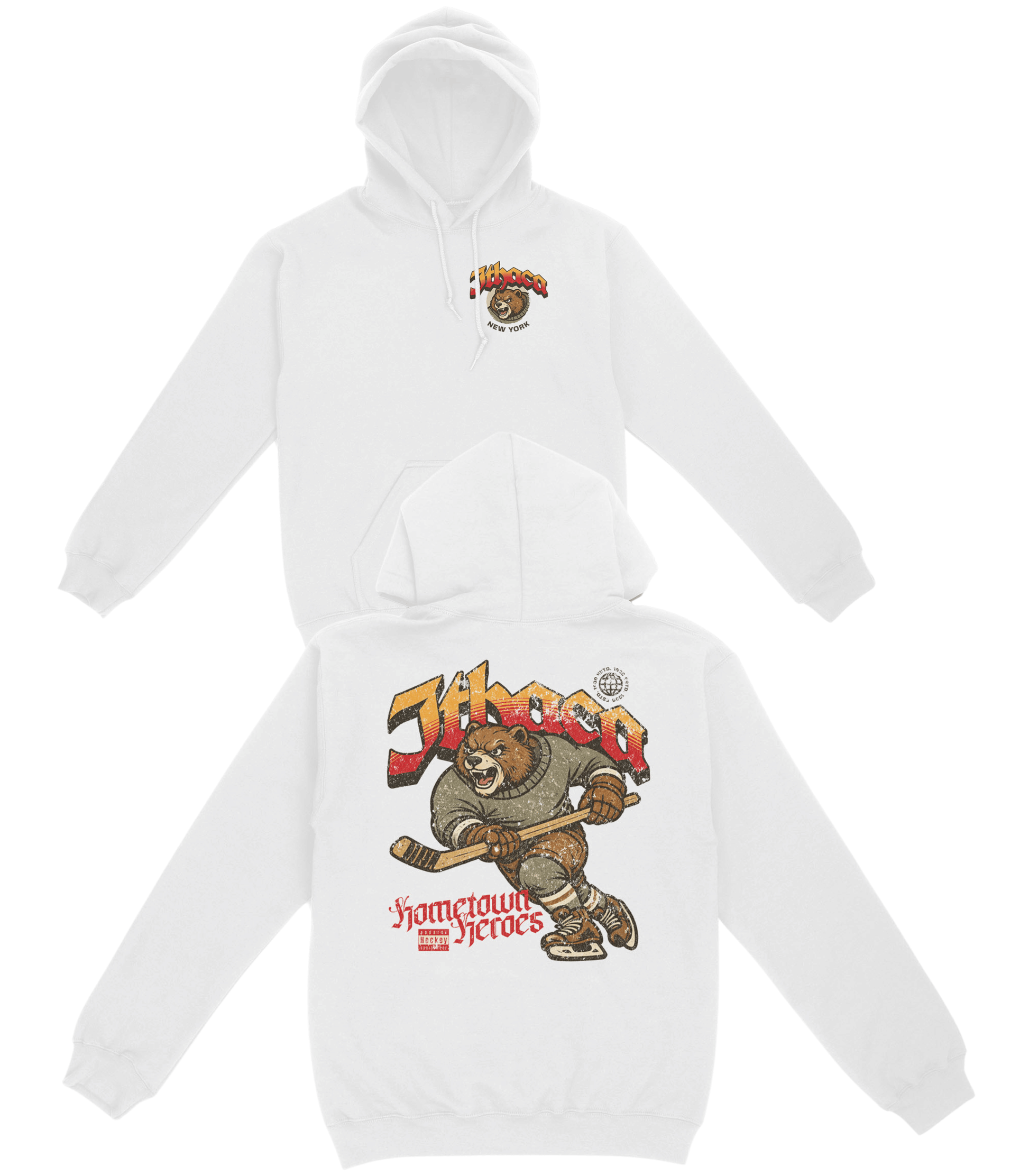 White hoodie with 'Jibao' and 'Hometown Heroes' graphics on a white background
