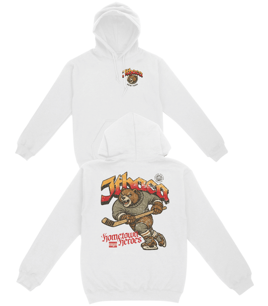 White hoodie with 'Jibao' and 'Hometown Heroes' graphics on a white background