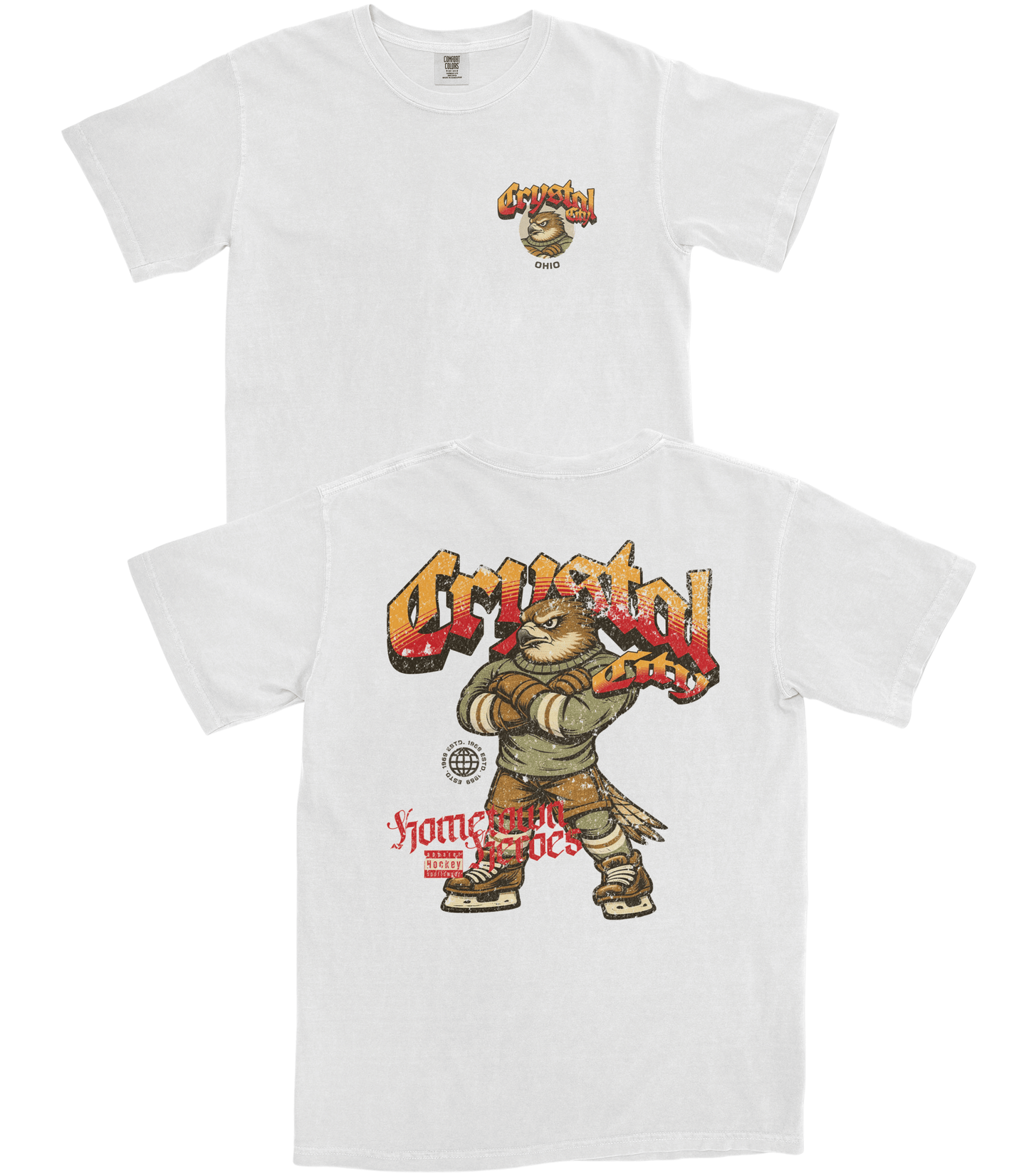 White t-shirt with cartoon character and 'Crystal' branding on a white background