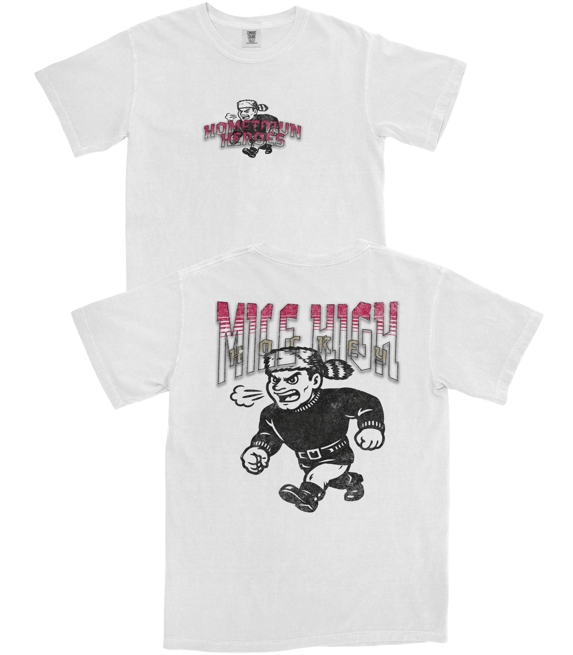 White t-shirt with graphic design and text on a white background