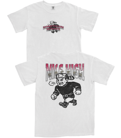 White t-shirt with graphic design and text on a white background