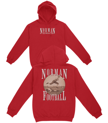 Red hoodie with 'Norman Football' text on front and back, on a white background