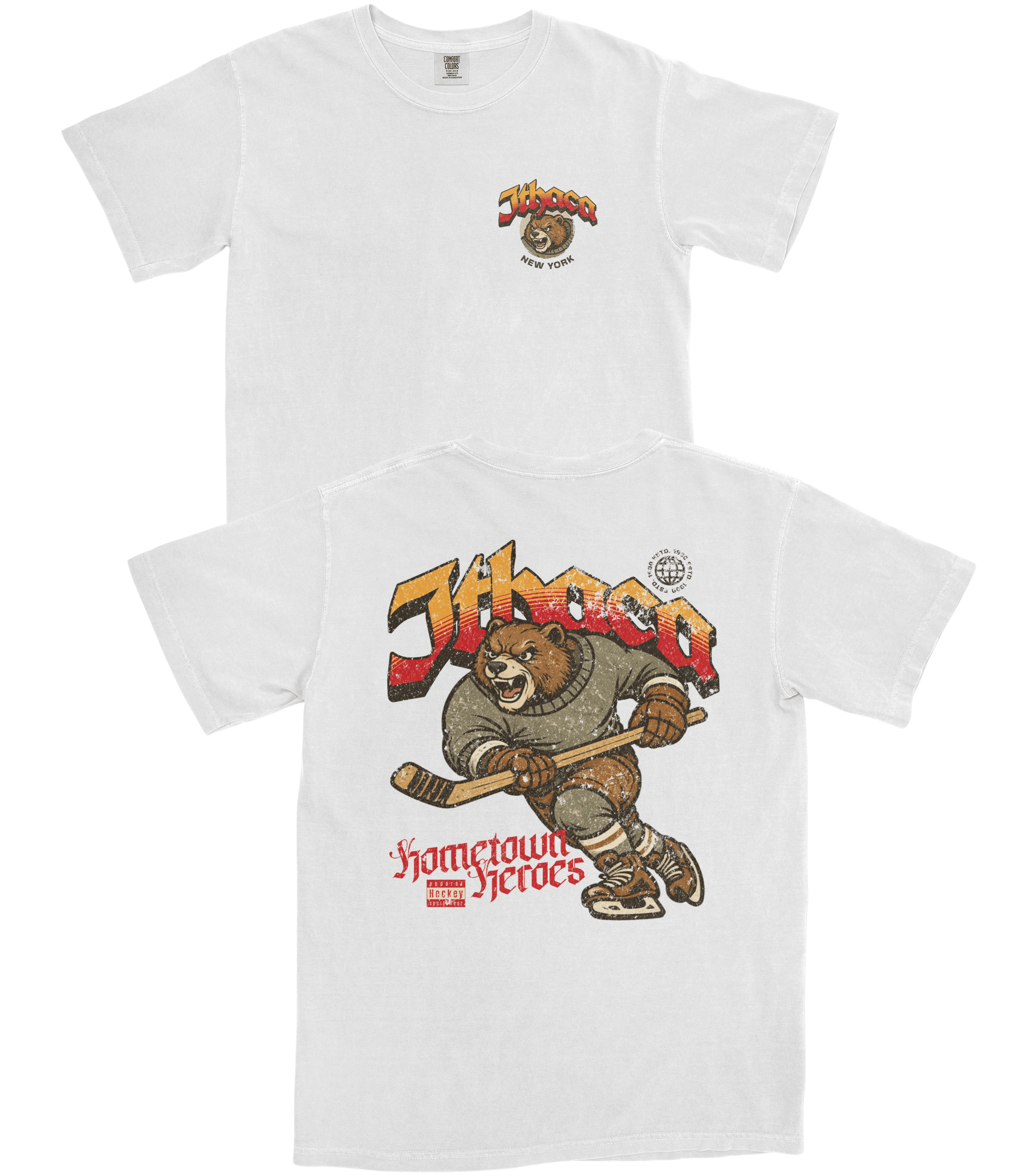 White t-shirt with a bear graphic and 'Jhoom' text on a white background