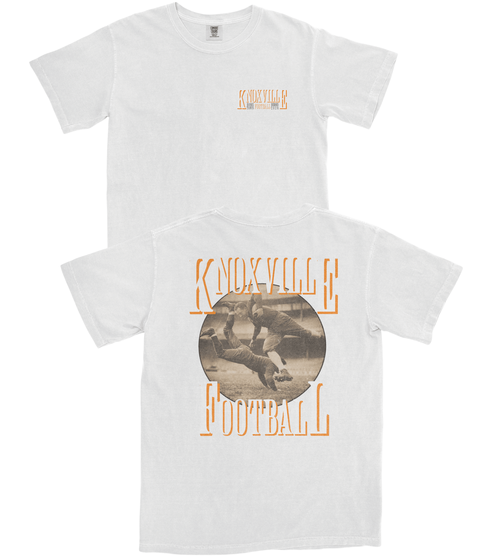 White t-shirt with 'Knoxville Football' graphic and vintage-style design on a white background