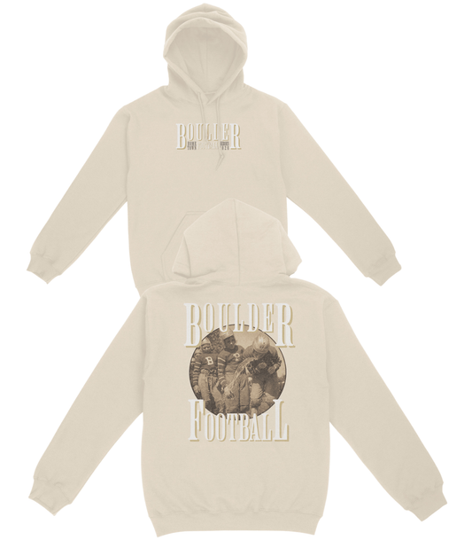 Beige hoodie and sweatpants set with 'Builder Football' text and graphic on a white background
