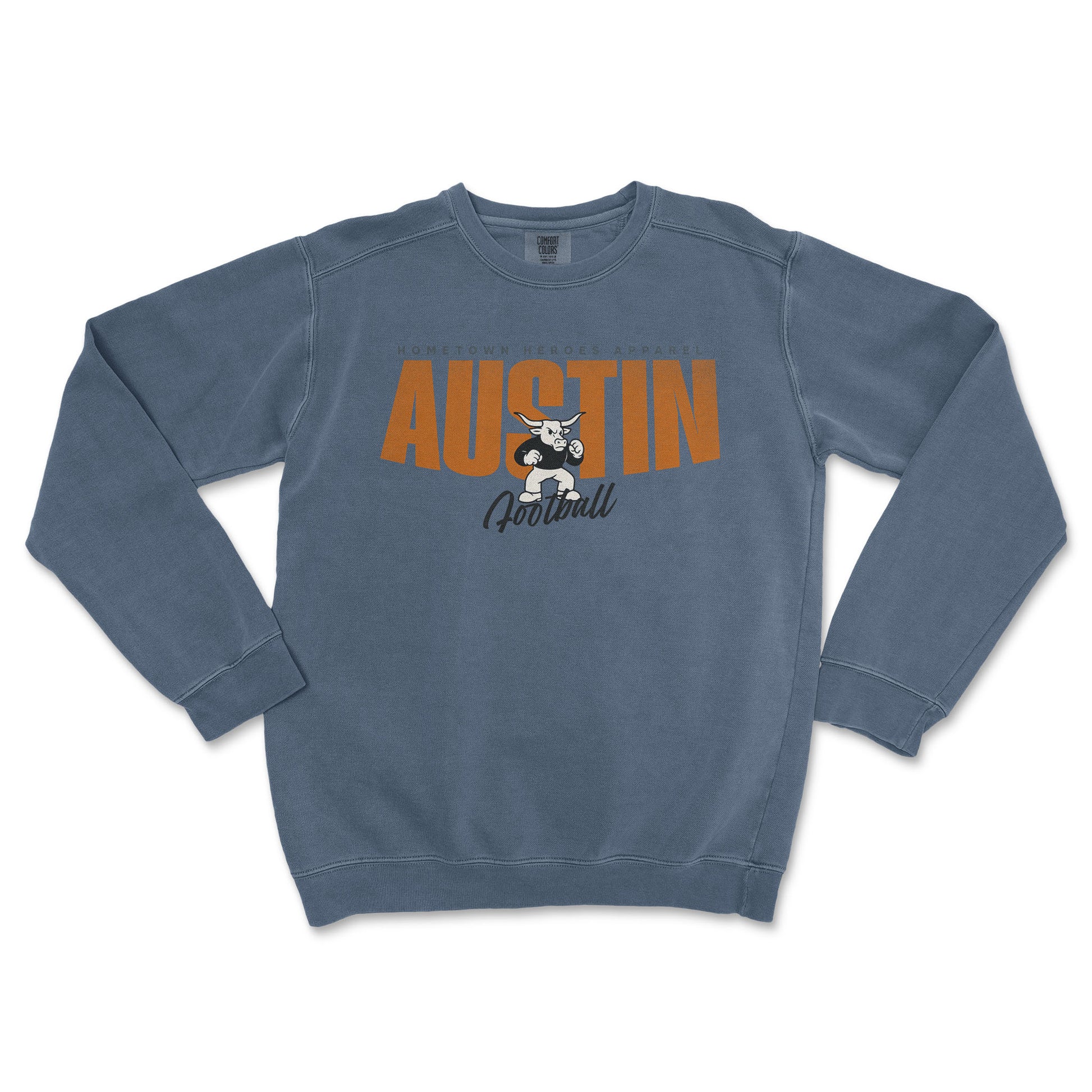 Blue sweatshirt with 'AUSTIN Football' text and graphic on a white background
