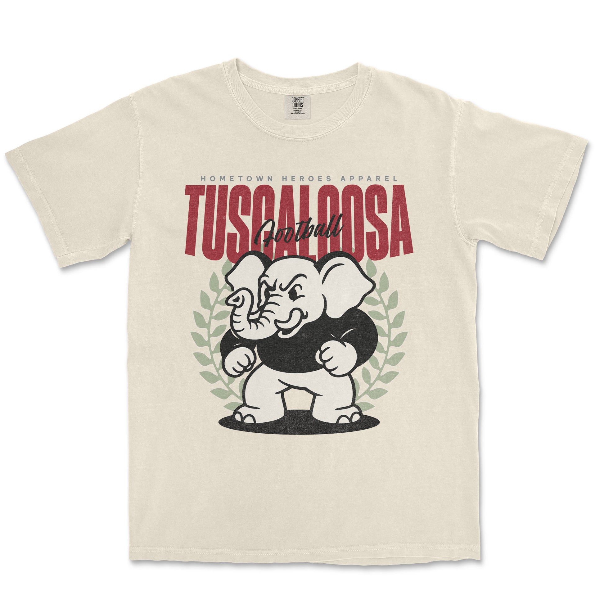 Beige t-shirt with a graphic of an elephant and text on a white background