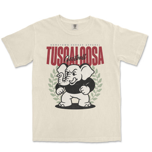 Beige t-shirt with a graphic of an elephant and text on a white background