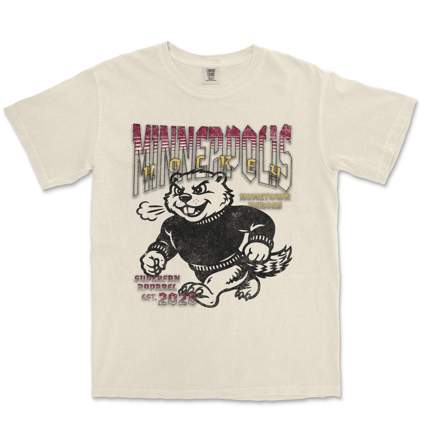 Beige t-shirt with a graphic of a bear and text on a white background
