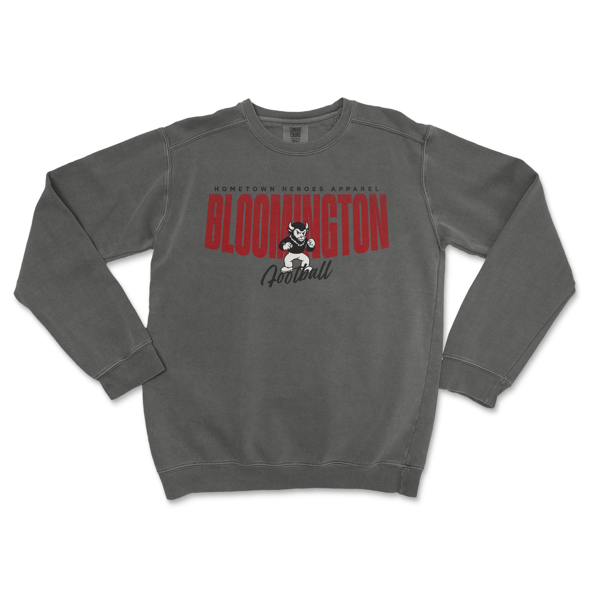 Gray sweatshirt with 'Hometown Heroes Apparel Bloomington Football' text and graphic on a white background