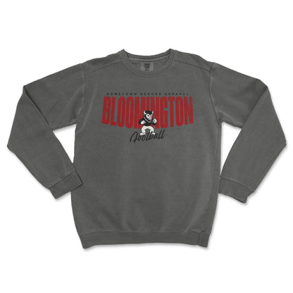 Gray sweatshirt with 'Hometown Heroes Apparel Bloomington Football' text and graphic on a white background