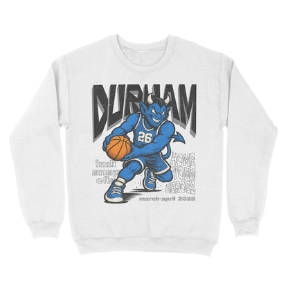 White sweatshirt with a graphic of a blue basketball player and 'Durham' text on a white background