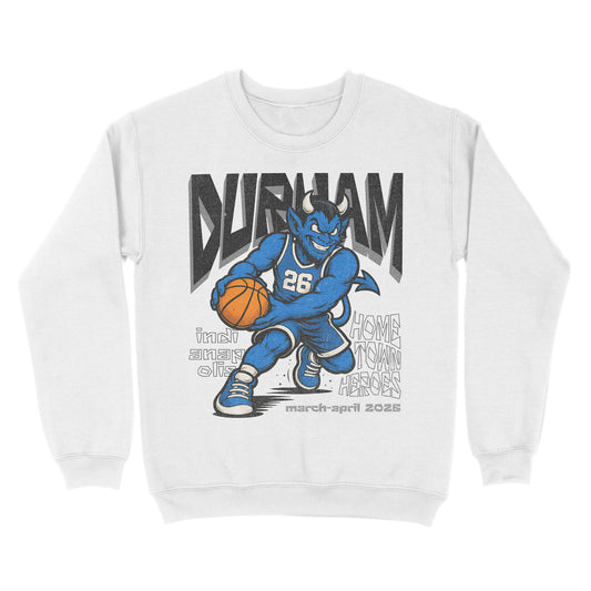 White sweatshirt with a graphic of a blue basketball player and 'Durham' text on a white background