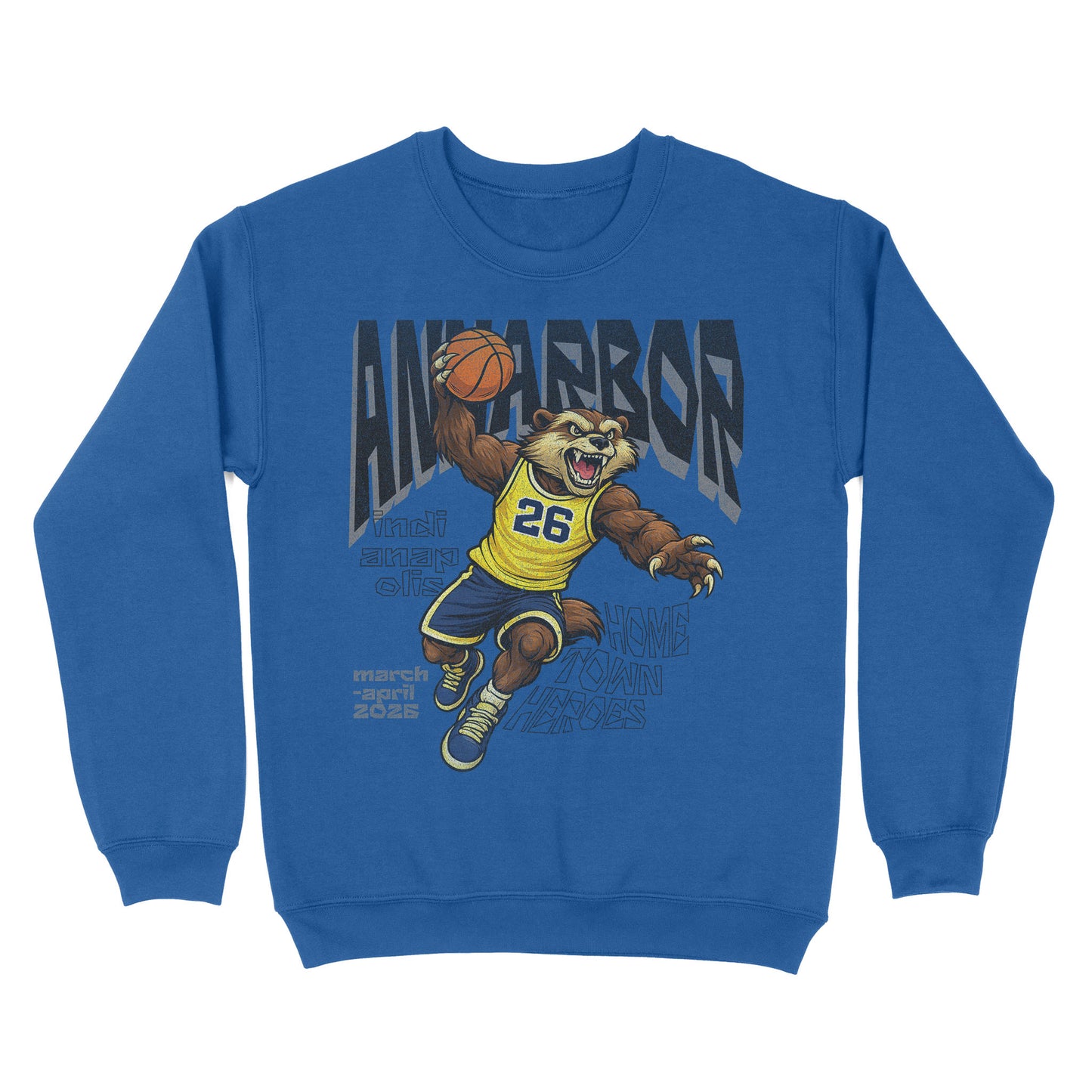 Blue sweatshirt with a bear playing basketball graphic and 'Ann Arbor' text on a white background